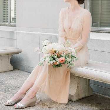 Long Sleeve Plunge Neckline Formal Gown - Nude/Gl… - image 1