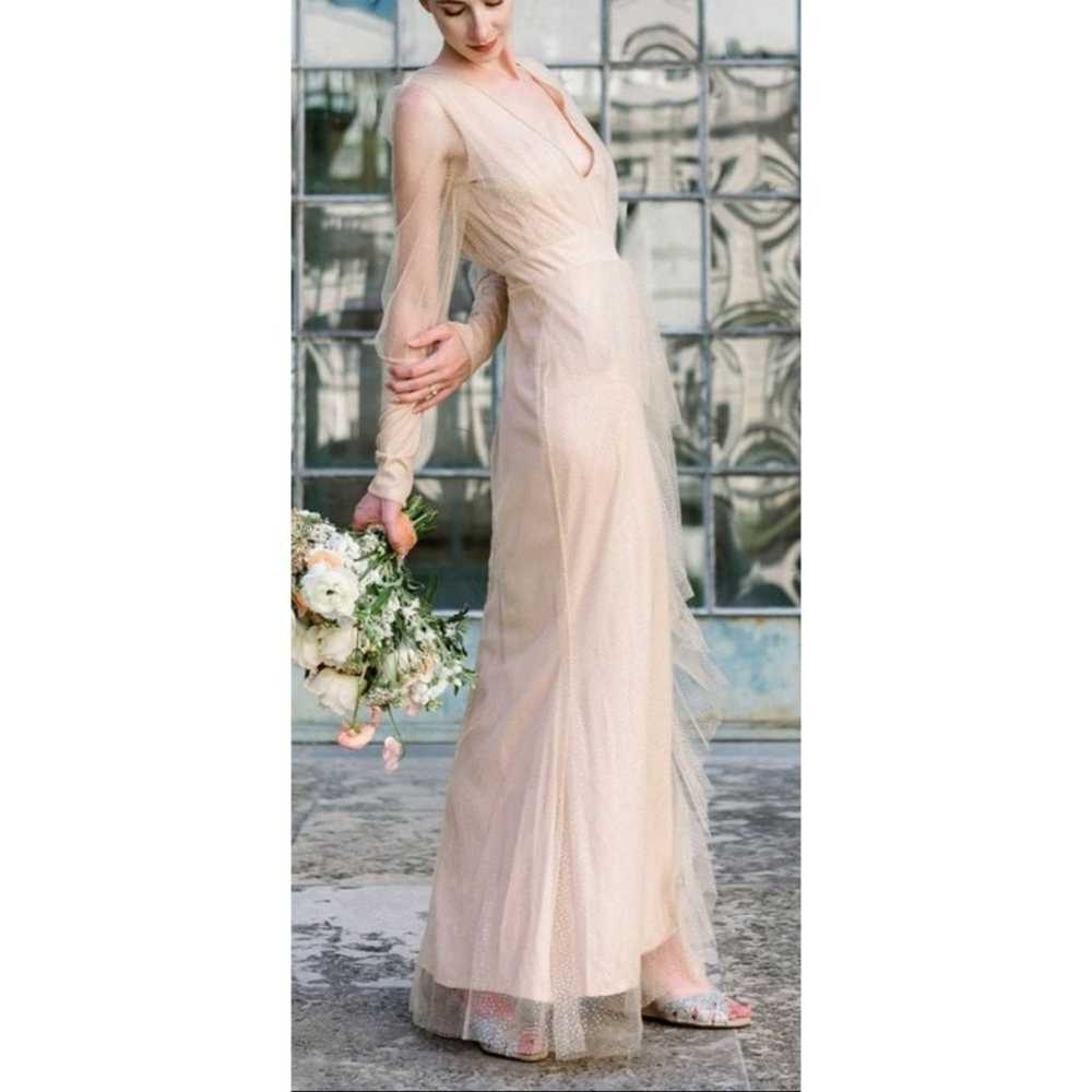 Long Sleeve Plunge Neckline Formal Gown - Nude/Gl… - image 2