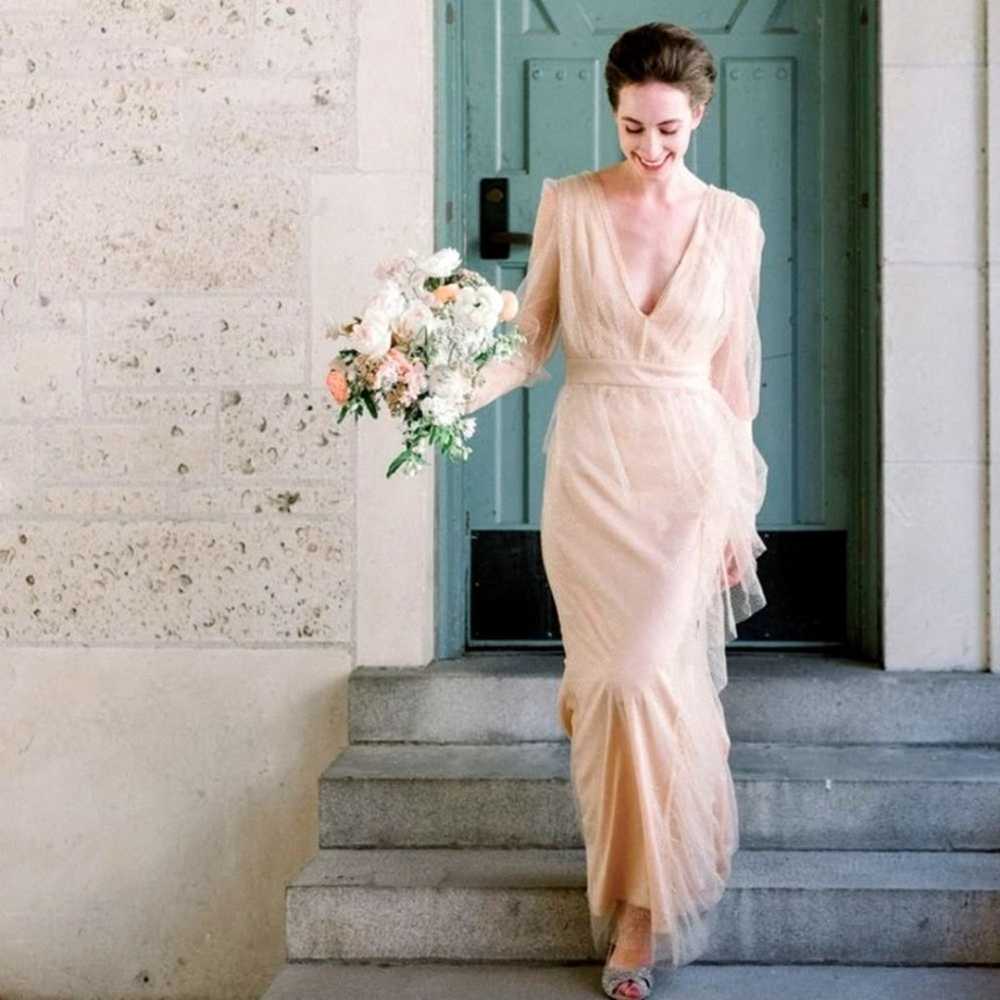 Long Sleeve Plunge Neckline Formal Gown - Nude/Gl… - image 3