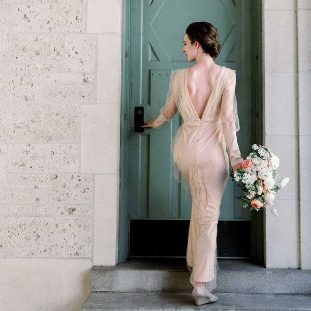 Long Sleeve Plunge Neckline Formal Gown - Nude/Gl… - image 4