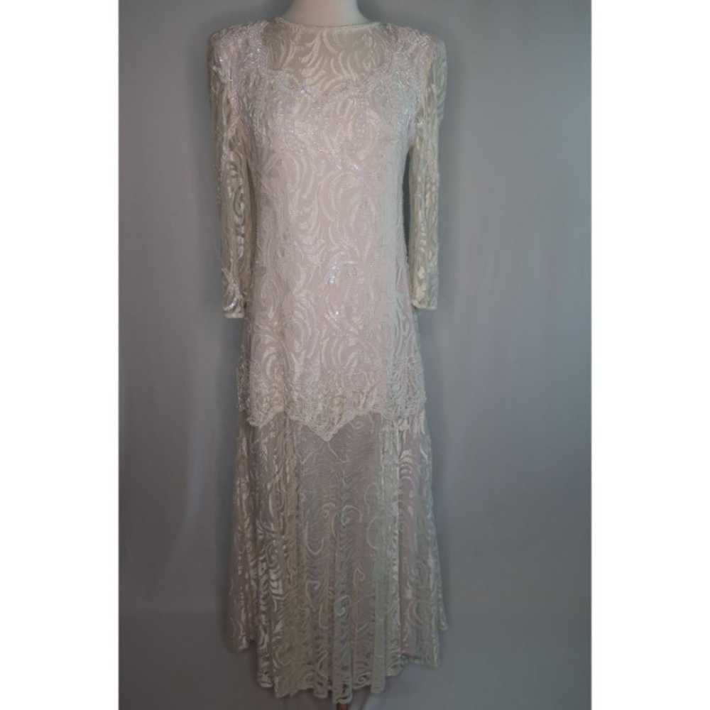 VTG Lace Sequin Beaded Sheer Arms Drop Waist Flap… - image 1