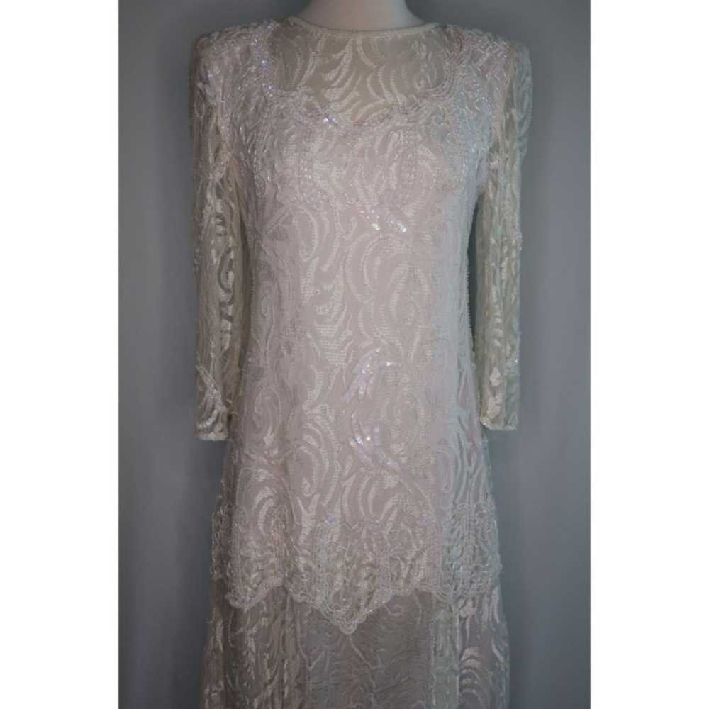 VTG Lace Sequin Beaded Sheer Arms Drop Waist Flap… - image 2