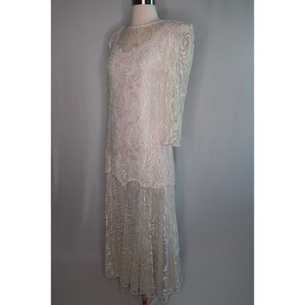 VTG Lace Sequin Beaded Sheer Arms Drop Waist Flap… - image 4