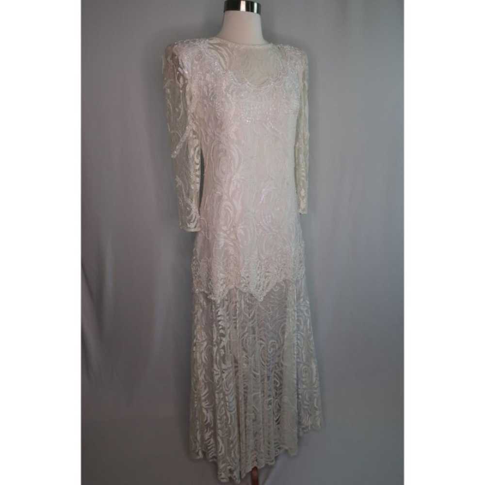 VTG Lace Sequin Beaded Sheer Arms Drop Waist Flap… - image 8