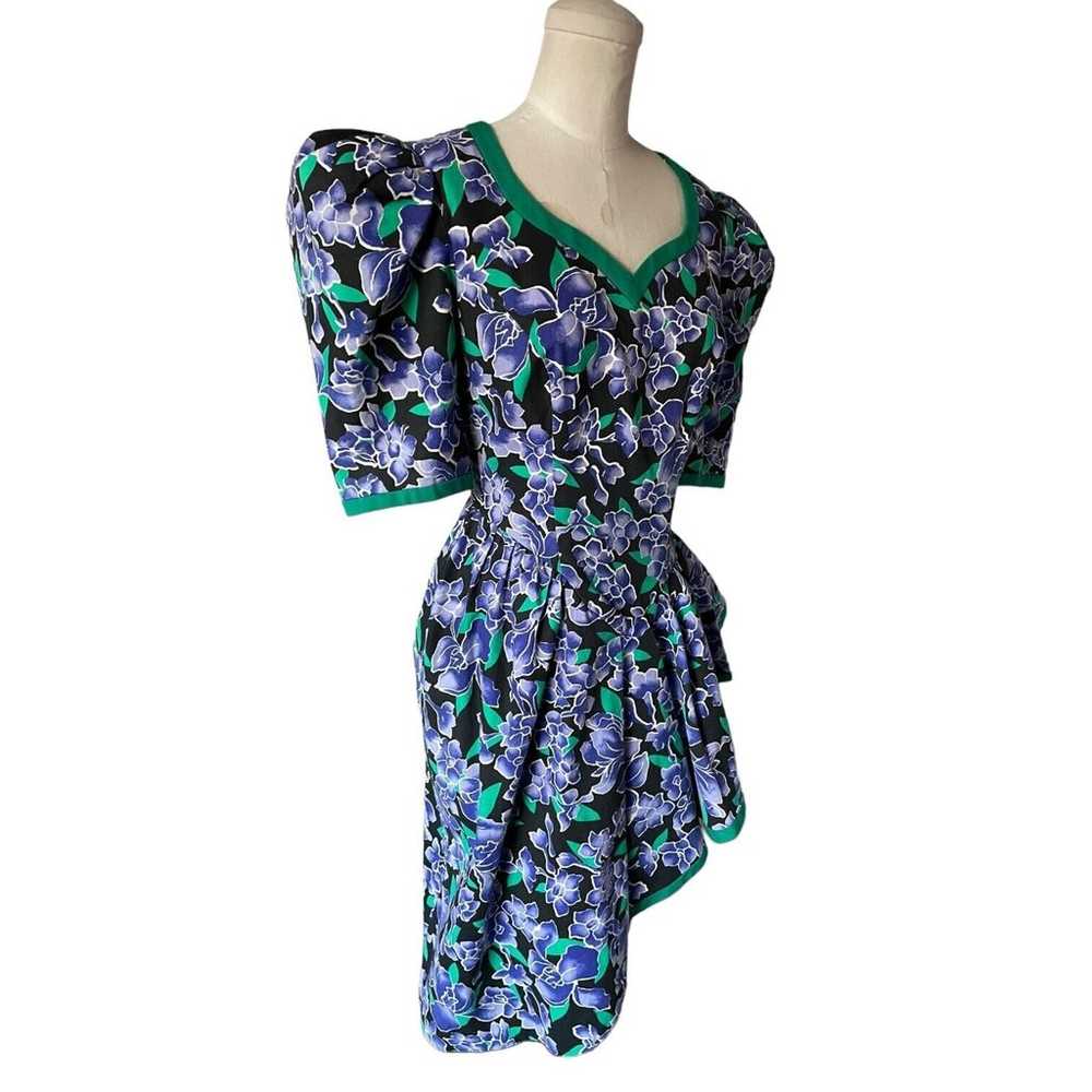 Vintage 80s Black Purple Iris Floral Green Puff S… - image 2