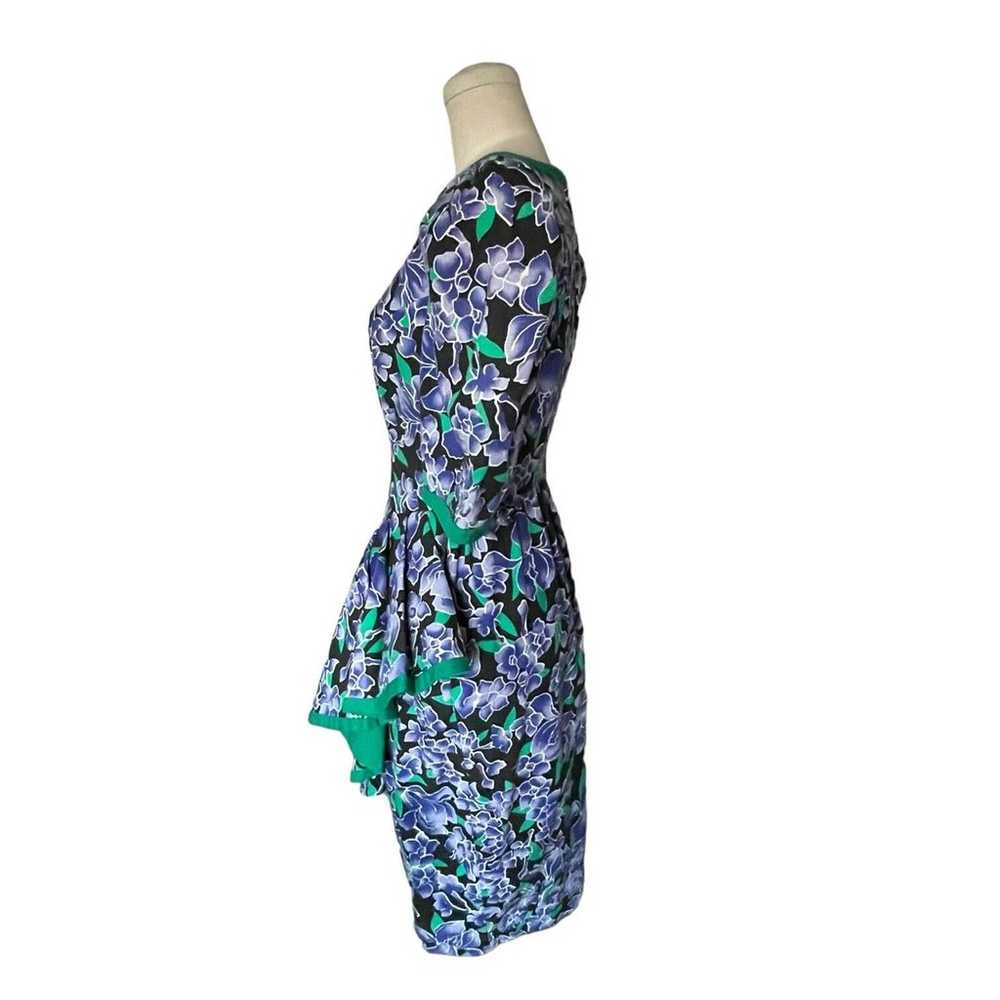 Vintage 80s Black Purple Iris Floral Green Puff S… - image 3