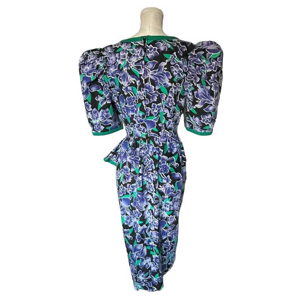 Vintage 80s Black Purple Iris Floral Green Puff S… - image 4