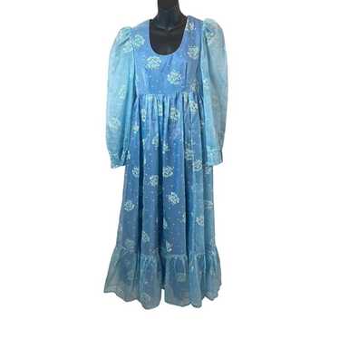 Vtg. Gunne Sax Style 1970’s Floral Chiffon Blue M… - image 1