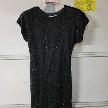 Vintage Black Silk Beaded Sequined Dress - image 1