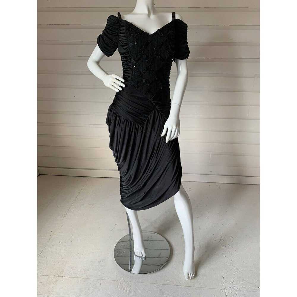 Vintage 80s Black Ruched Gathered Off The Shoulde… - image 2