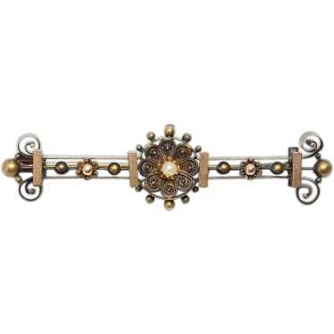 Antique ornate pearl and 14k gold bar brooch pin