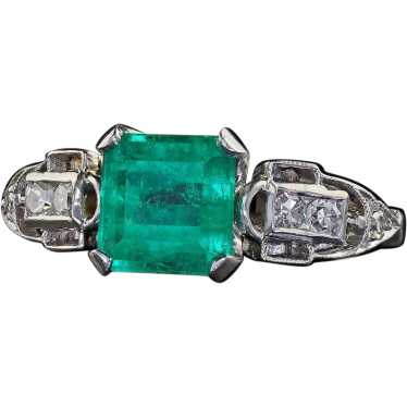 Antique Art Deco Platinum Colombian Emerald and Di