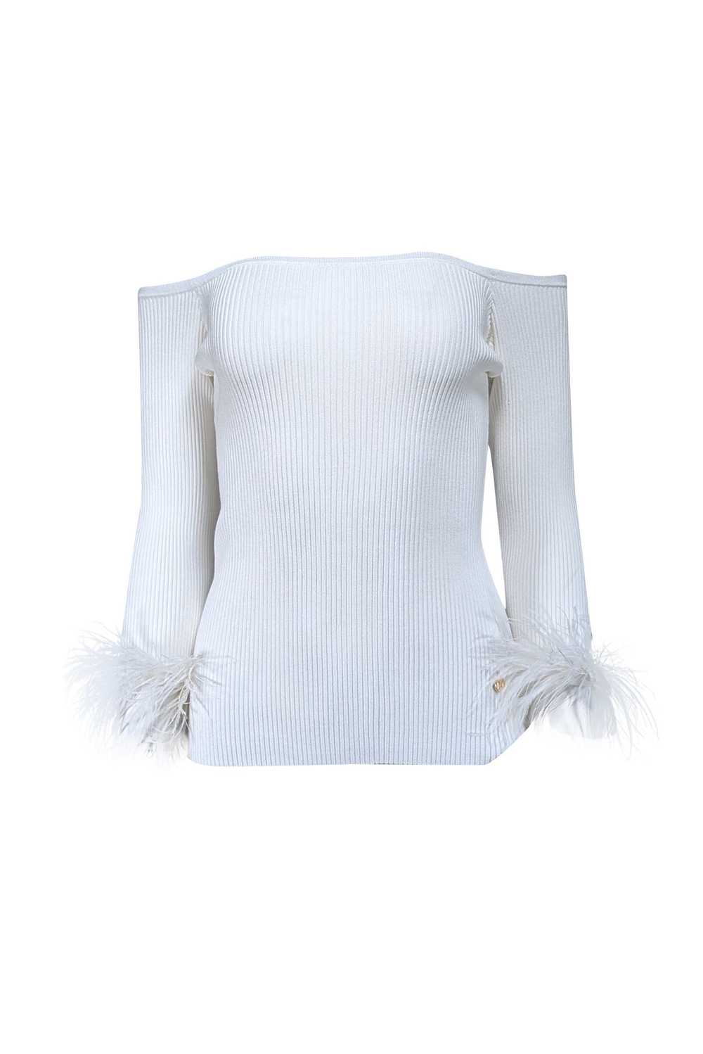 Milly - Ecru White Off-The-Shoulder Faux Feather-… - image 1