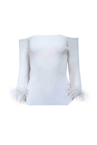 Milly - Ecru White Off-The-Shoulder Faux Feather-… - image 1