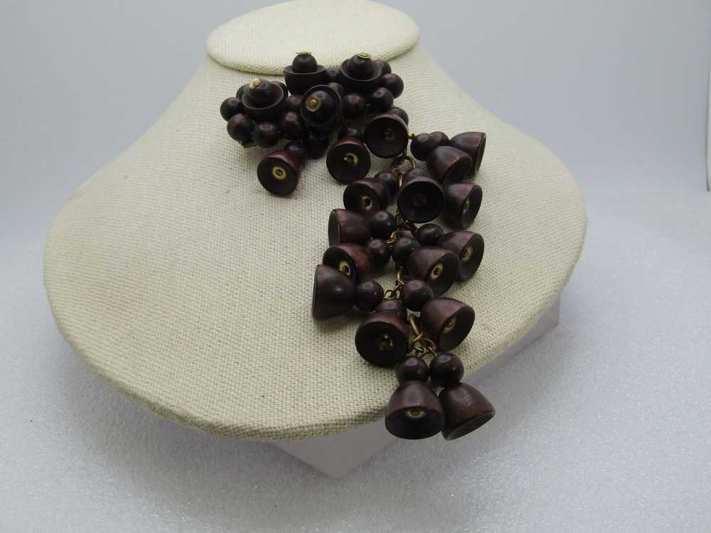 Early 1900's Brown Wooden Brooch with Long Bell-L… - image 2