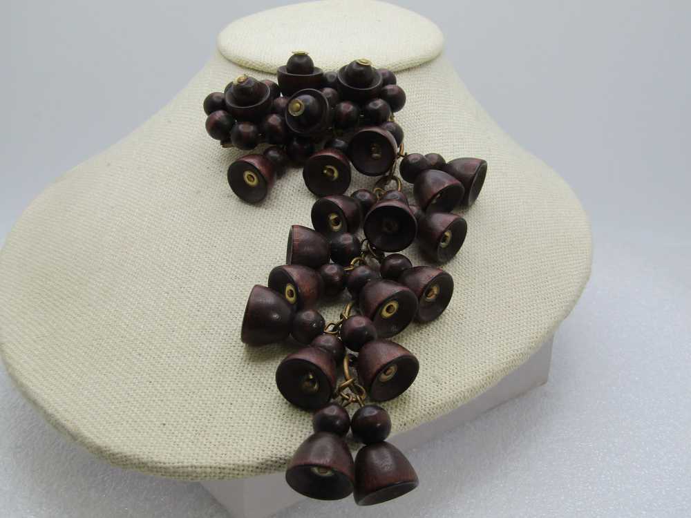 Early 1900's Brown Wooden Brooch with Long Bell-L… - image 3