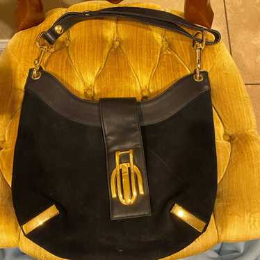 1980s Susan Gail Black Leather Shoulder Bag with … - image 1