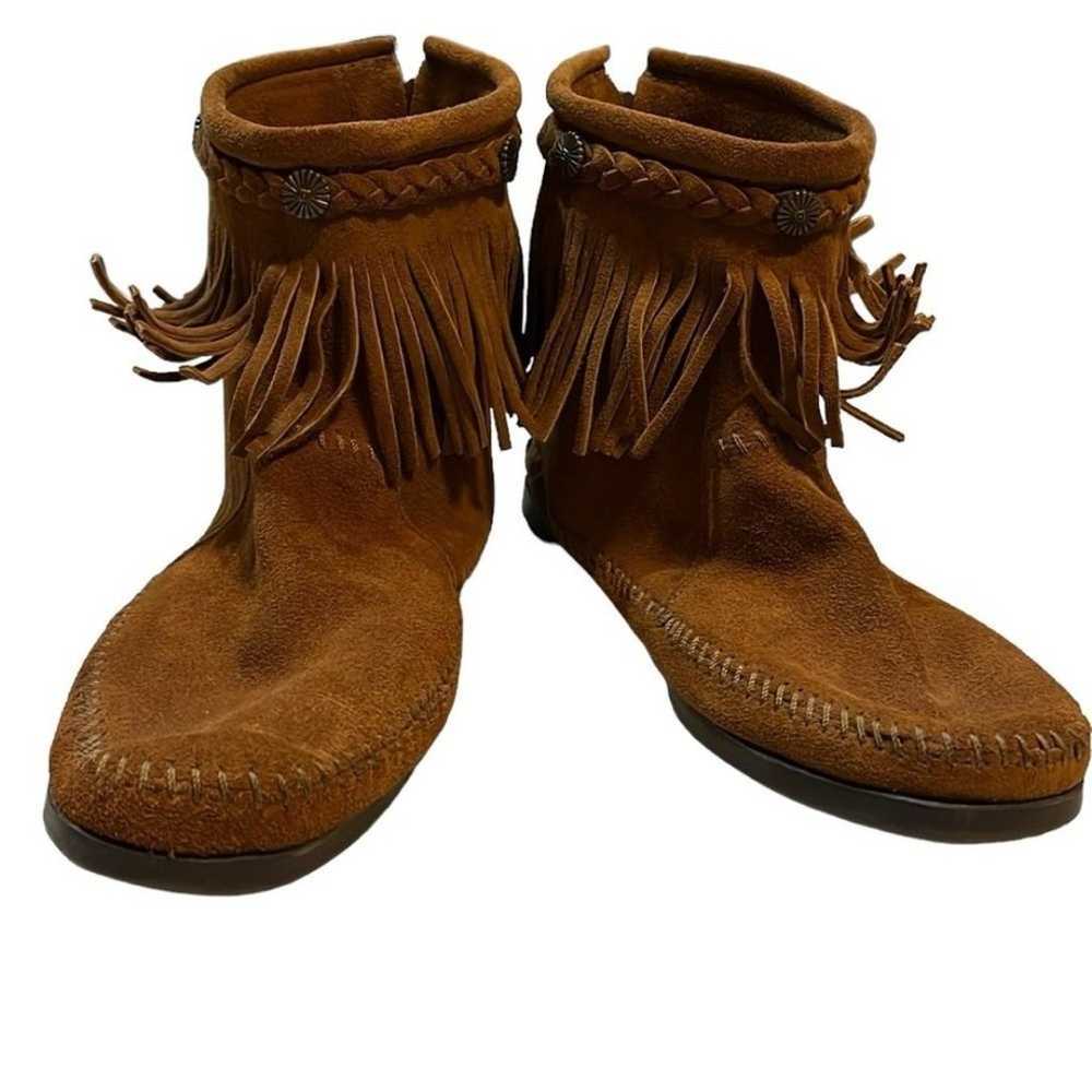 Minnetonka Fringe Boot Back Zip Entry Brown Rust … - image 1