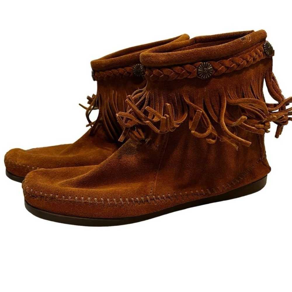 Minnetonka Fringe Boot Back Zip Entry Brown Rust … - image 2