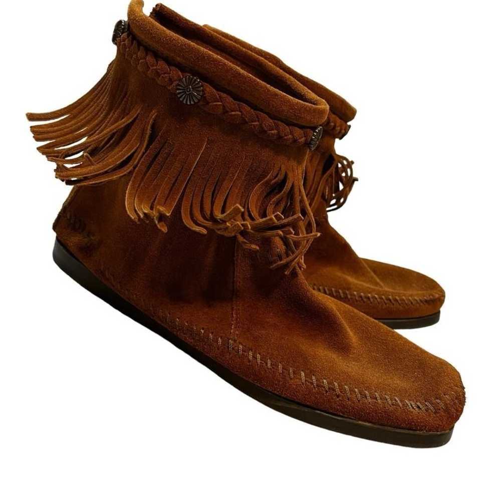 Minnetonka Fringe Boot Back Zip Entry Brown Rust … - image 4