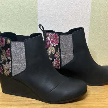 TOMS Black and Silver Floral Ankle Boots