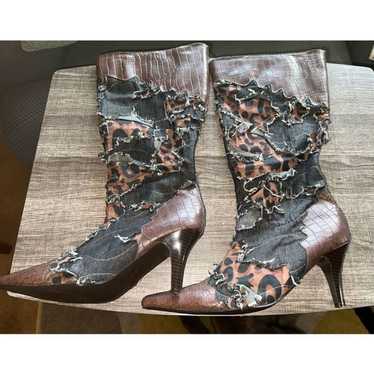 Ashro Boots Tall high heeled Denim Leopard Print W