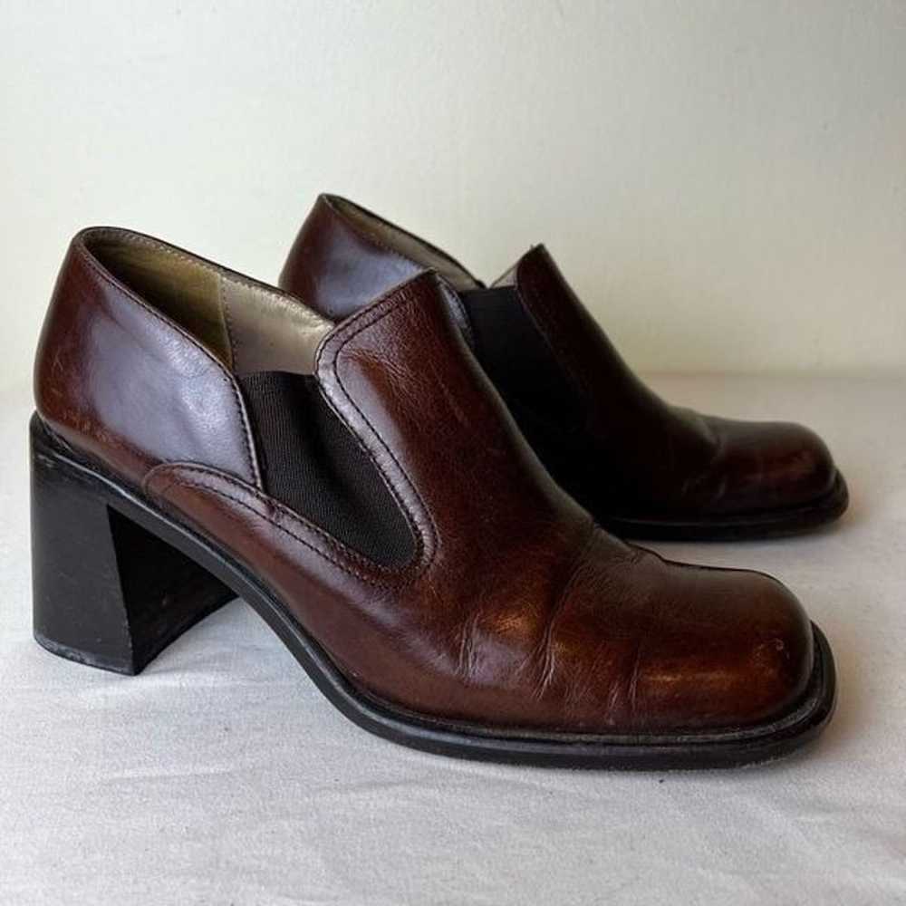 Vintage 90s Block Heel Loafers Chestnut Brown Lea… - image 1