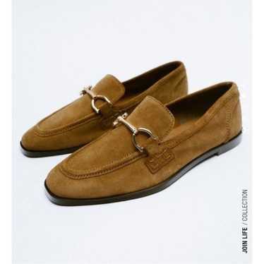 Zara Flat Leather Loafers with Metallic Buckle 39