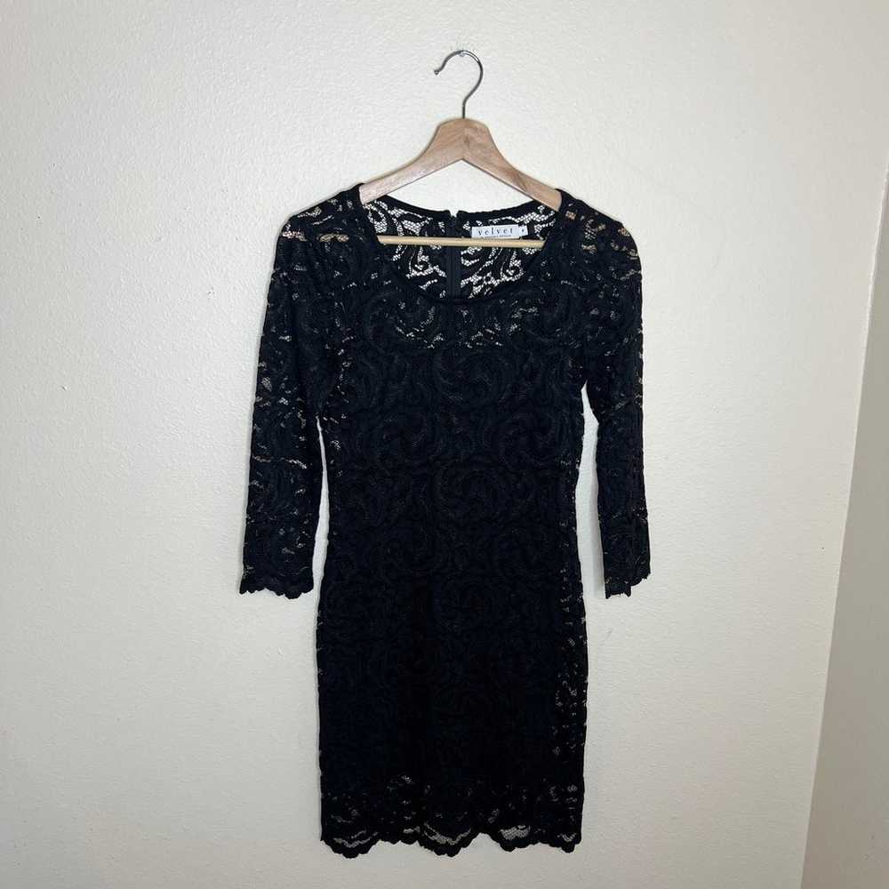 Velvet Black Lace Overlay Long Sleeve Dress Small - image 1