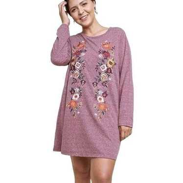 Umgee Floral Embroidered Heathered Knit Dress Medi