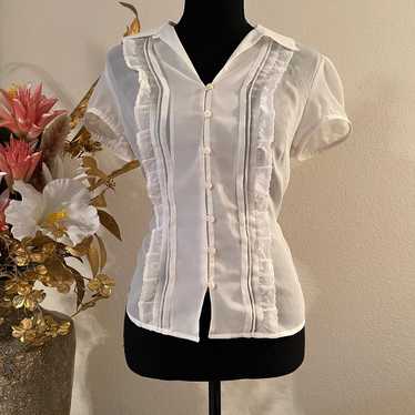 LOFT White sheer button blouse with ruffle trim a… - image 1