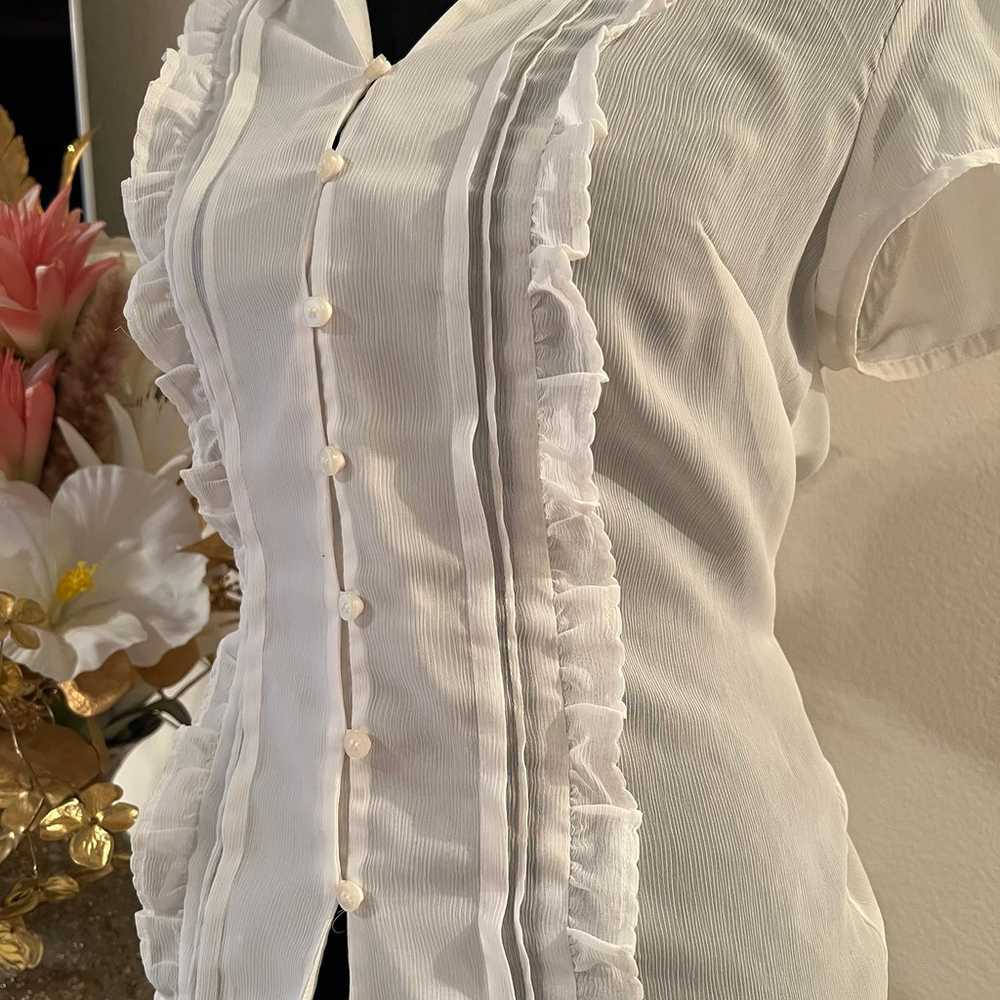 LOFT White sheer button blouse with ruffle trim a… - image 2