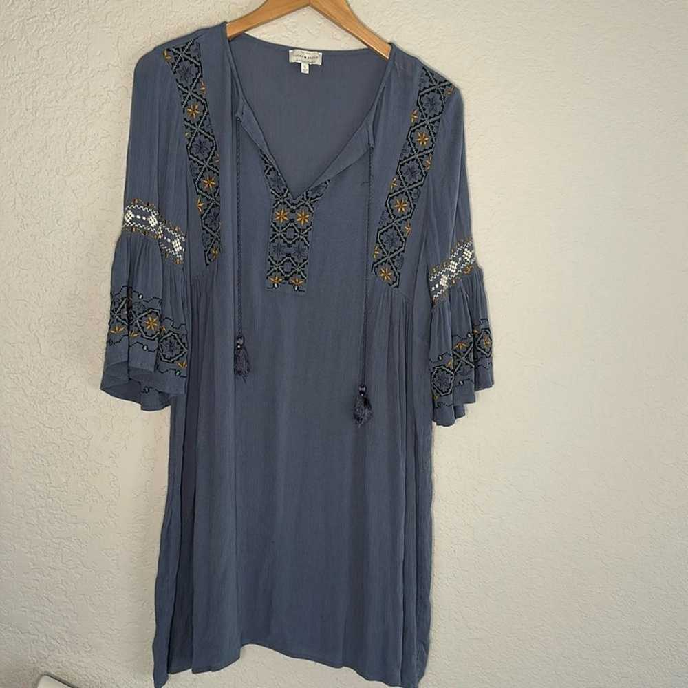 Lucky Brand Embroidered Boho Babydoll Dress Blue … - image 1