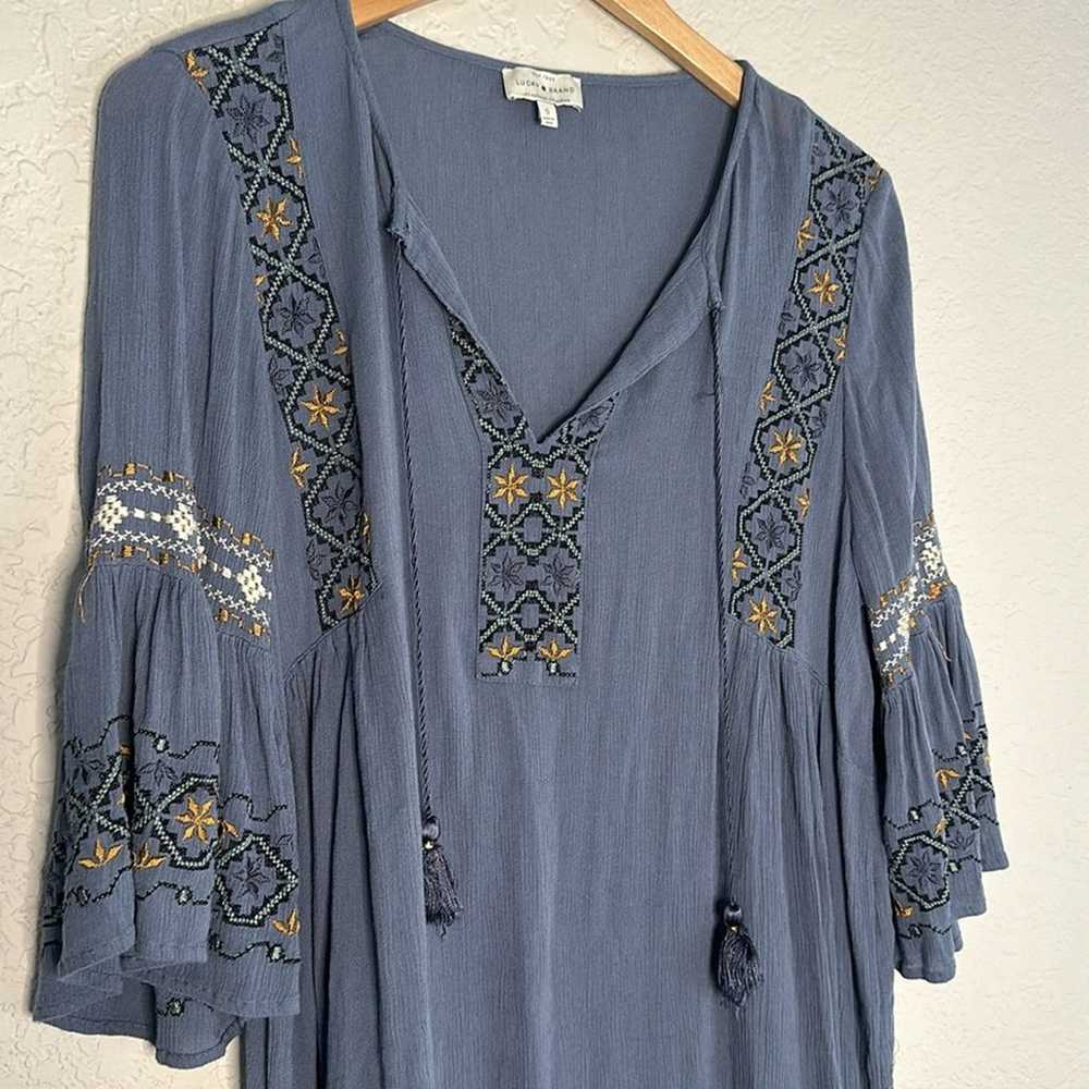 Lucky Brand Embroidered Boho Babydoll Dress Blue … - image 2