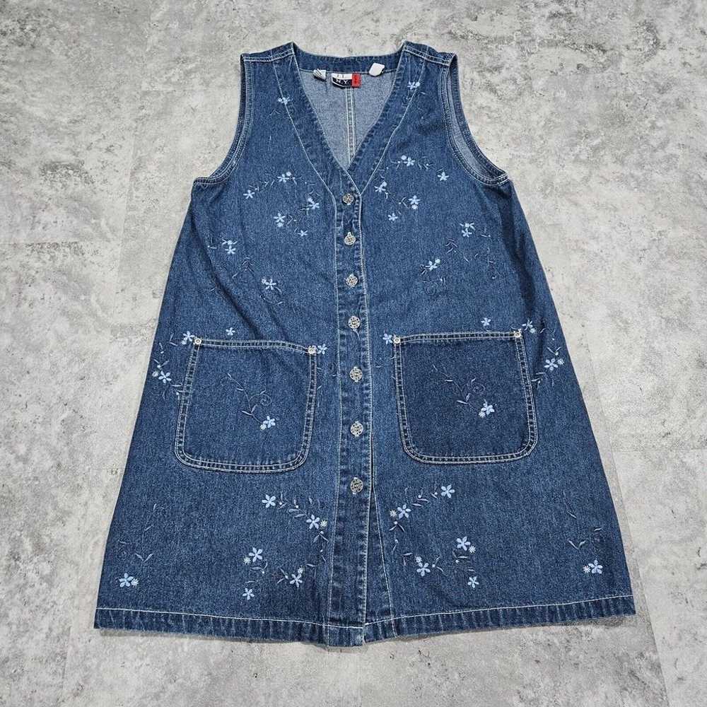 Vtg J.L.N.Y. Denim Jumper Dress Sz M  With Blue F… - image 1