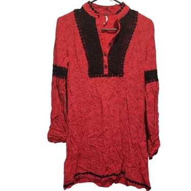 Free People Lace Boho MIDI RED BLACK TUNIC DRESS … - image 1