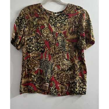 Vintage 80s Small Silk Short Sleeve Blouse Red Br… - image 1