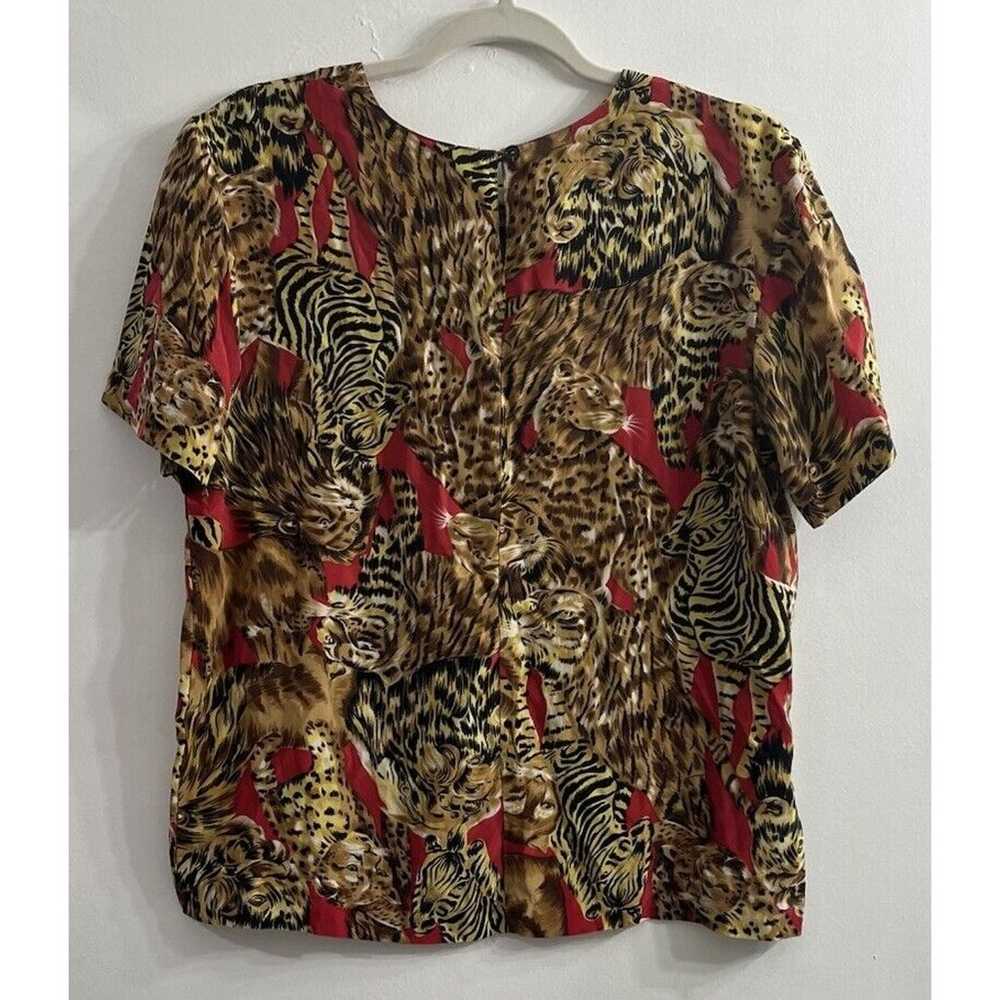 Vintage 80s Small Silk Short Sleeve Blouse Red Br… - image 2