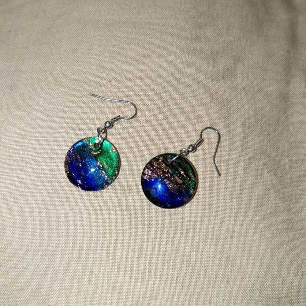 Vintage Art Glass Earrings Hand Blown Blue Green … - image 1