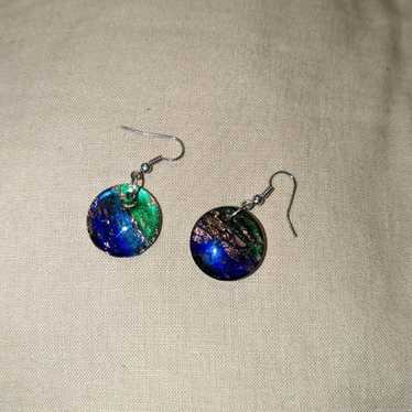 Vintage Art Glass Earrings Hand Blown Blue Green … - image 1