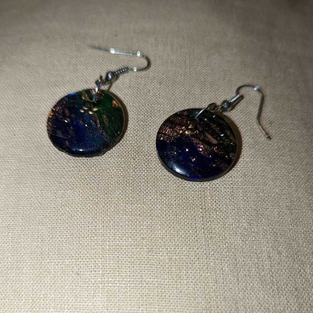 Vintage Art Glass Earrings Hand Blown Blue Green … - image 2