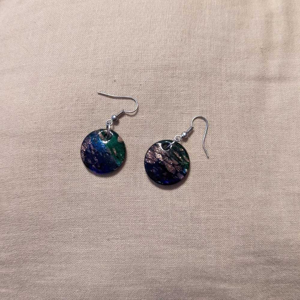 Vintage Art Glass Earrings Hand Blown Blue Green … - image 3