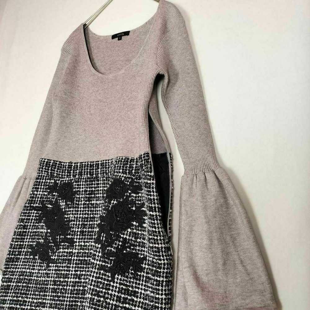 b5007【Rienda】One-piece M Gray Rib Knit Tweed Mixe… - image 4