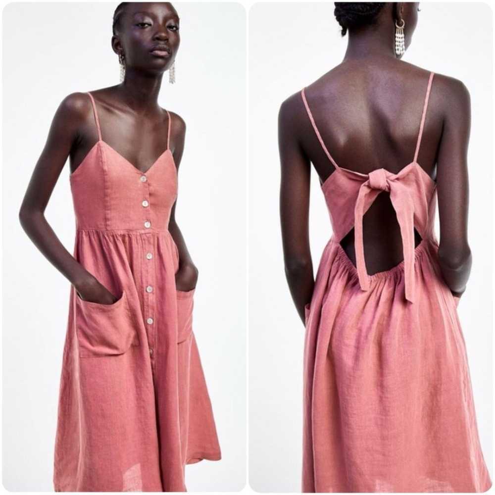 Zara Linen Tie Back Button Front Midi Sun Dress i… - image 1