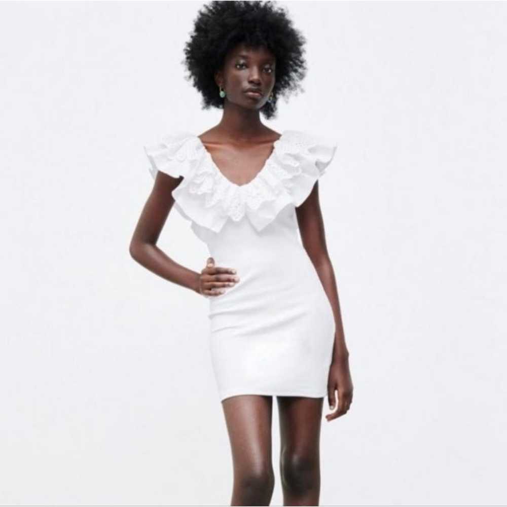 ZARA White Ruffle Sleeve Ribbed Dress Size M - image 1