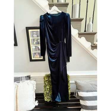 Teal Blue Velvet Puff Sleeve Drape Front Maxi Dre… - image 1