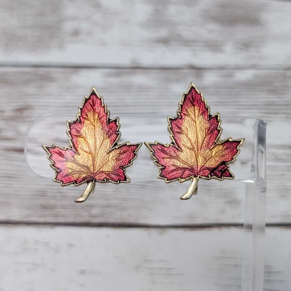 Vintage Screw On Earrings - Statement Fall Leaf - image 1