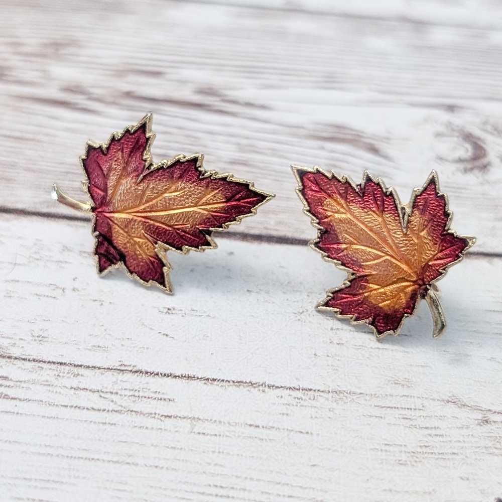 Vintage Screw On Earrings - Statement Fall Leaf - image 3