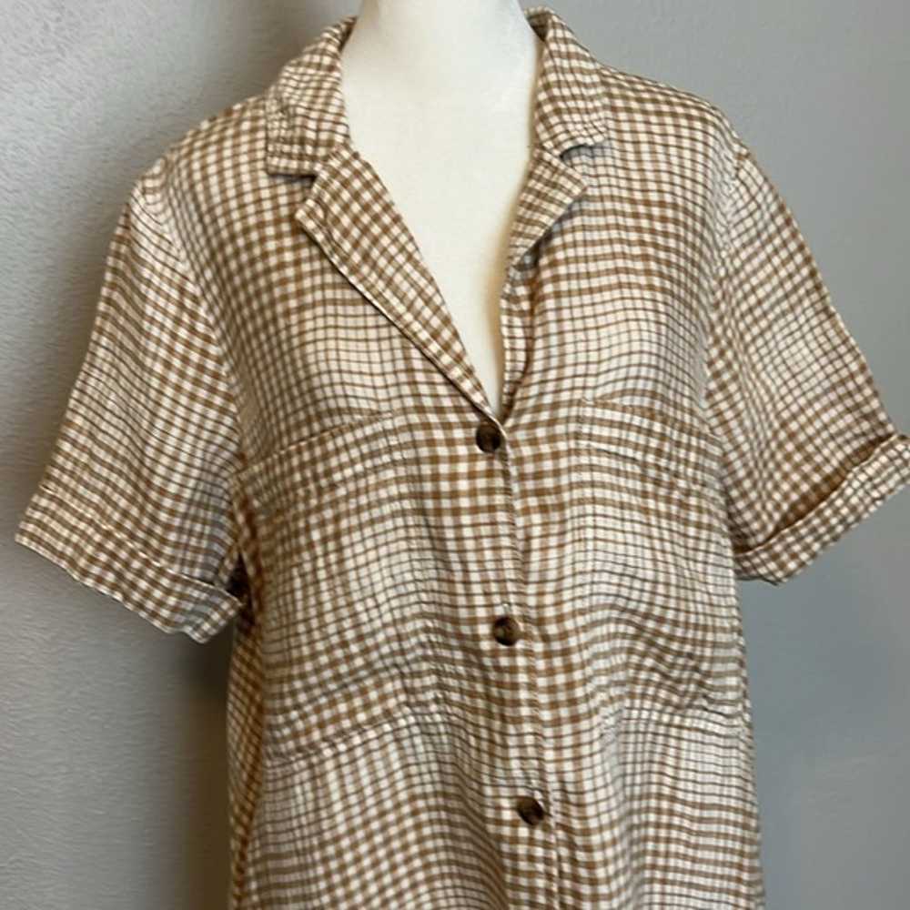 Everlane Linen Tan Plaid Shirt Dress Size Medium - image 4