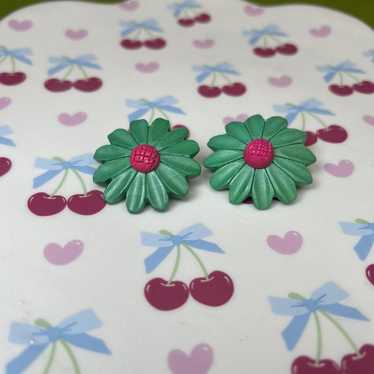 Vintage Earrings Clip On Teal & Pink Flower Power… - image 1